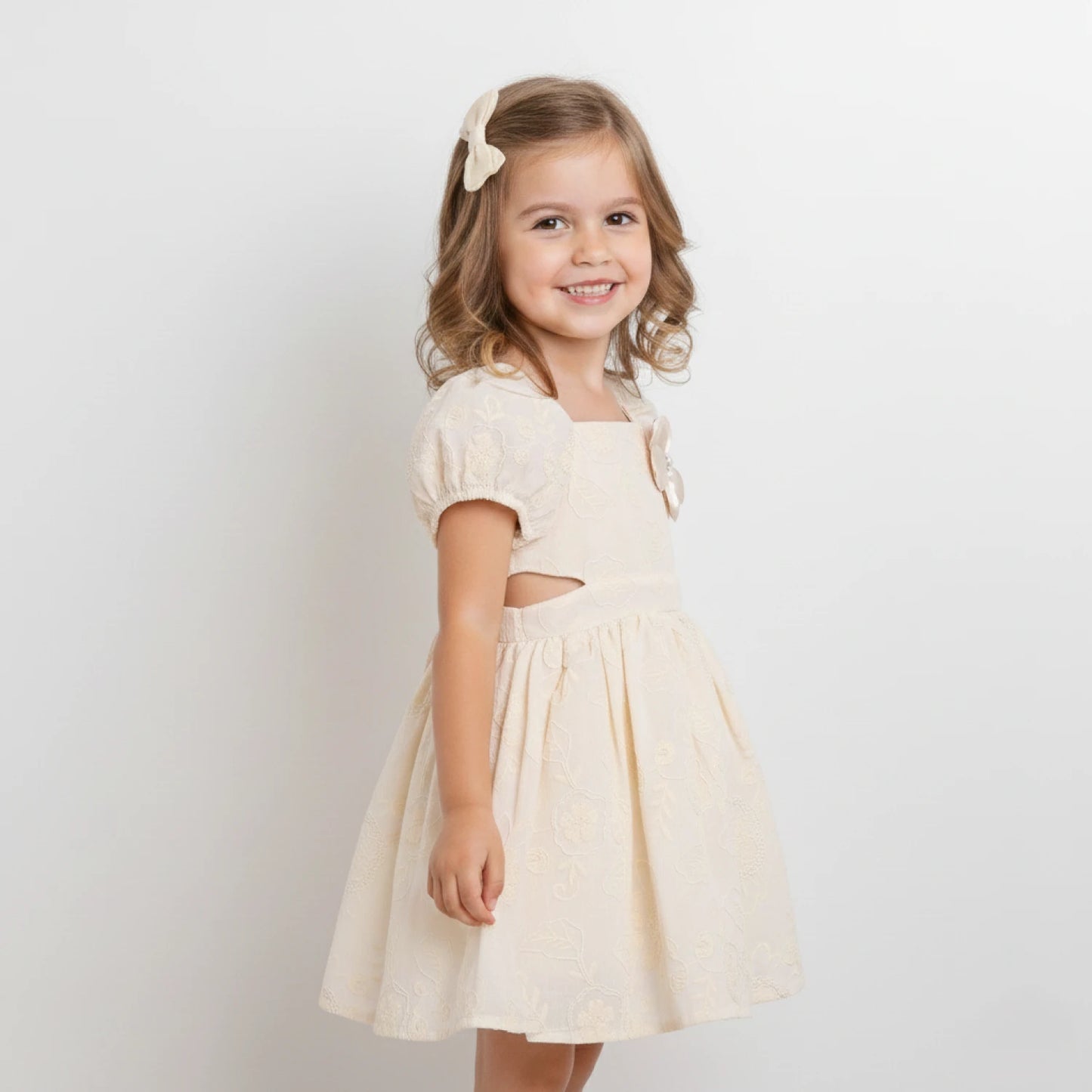 Girls Ivory Embroidered Puff Sleeve Dress