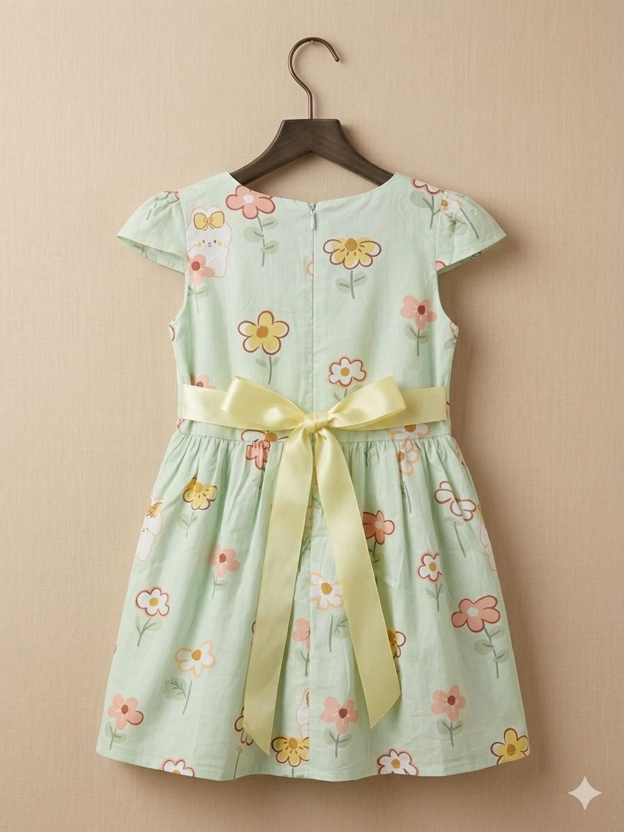 Girls Green Floral Flutter Sleeve Bow Dress
