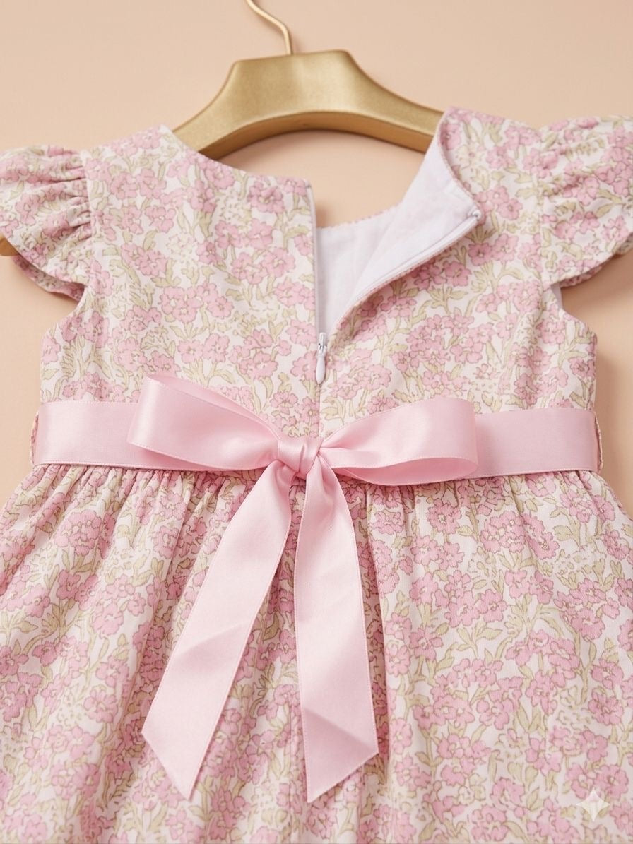 Girls Pink Floral Flutter Sleeve Bow Dress