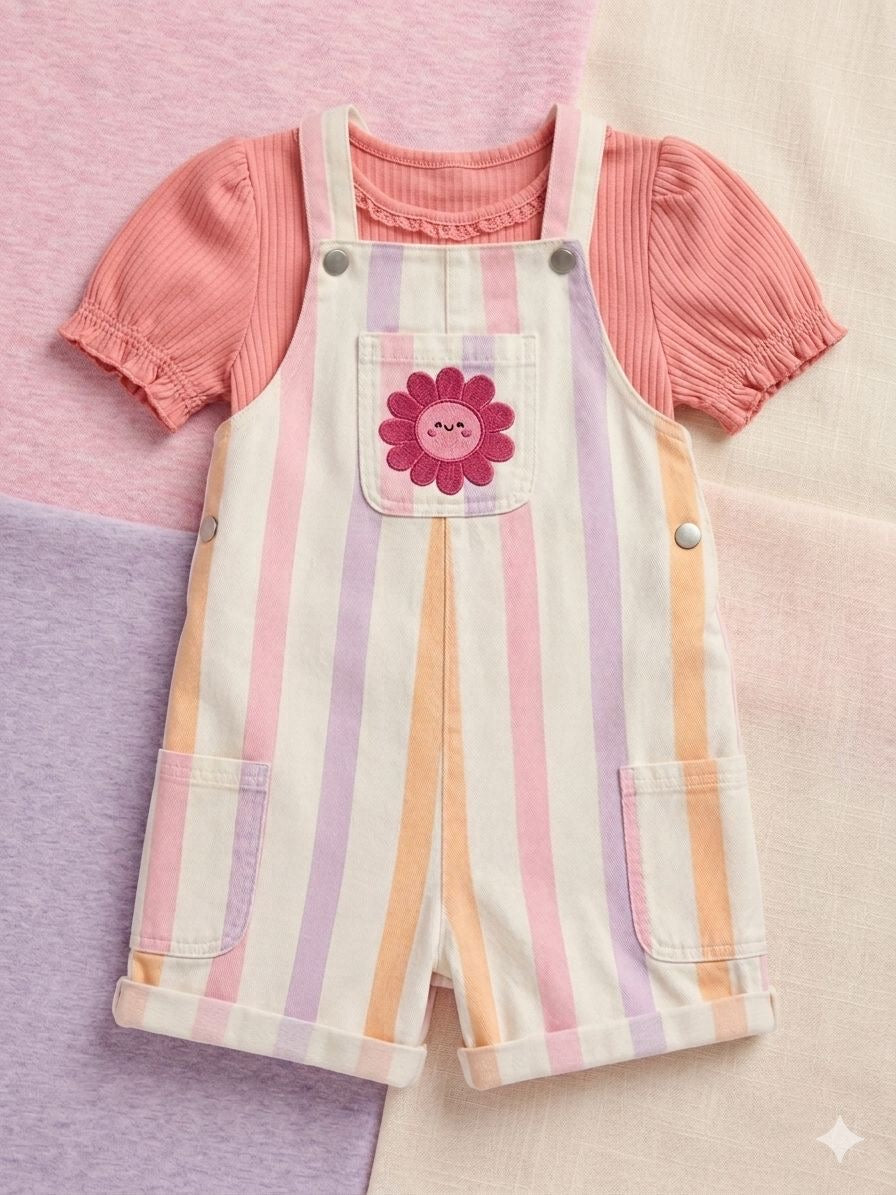 Mix & Match Pink Ribbed Top & Pastel Stripe Overalls