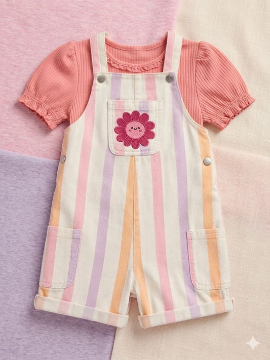 Mix & Match Pink Ribbed Top & Pastel Stripe Overalls