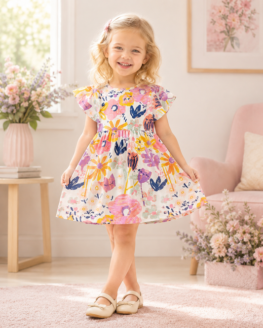 Girls Ruffle Sleeve Dress – Graphite Floral