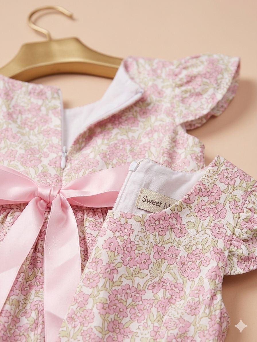 Girls Pink Floral Flutter Sleeve Bow Dress