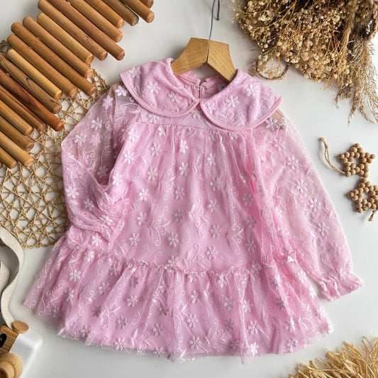 Charming Pink Floral Lace Long Sleeve Dress