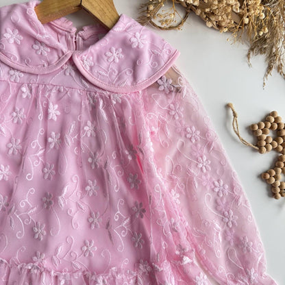 Charming Pink Floral Lace Long Sleeve Dress