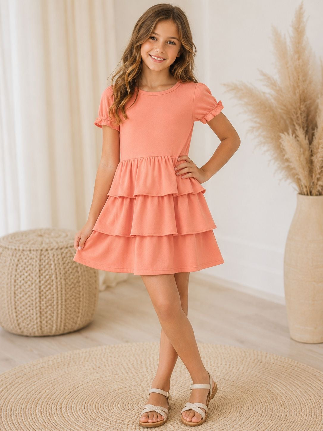 Tiered Ruffle Dress - Coral |2-9Y|