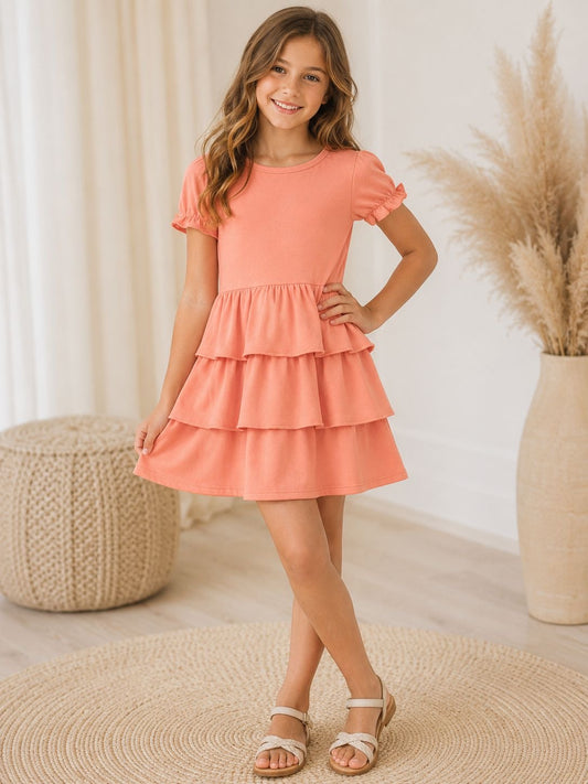 Tiered Ruffle Dress - Coral |2-9Y|