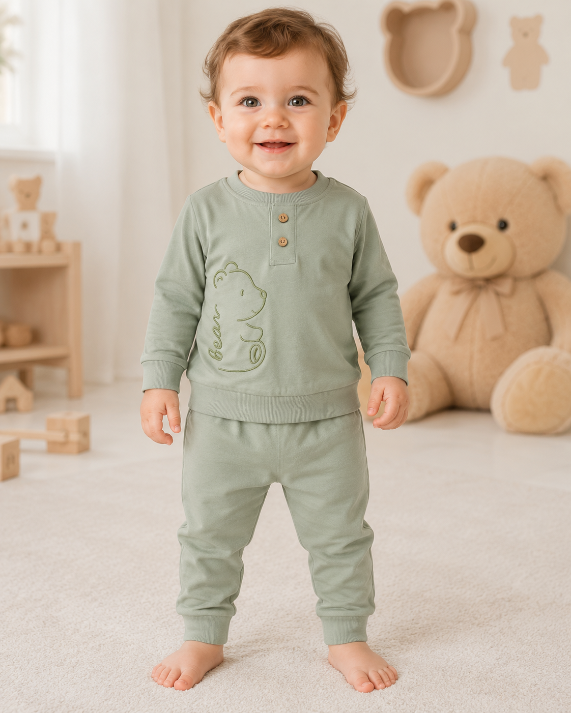 Little Bear Embroidered Baby Set – Sage & Mocha | Boys