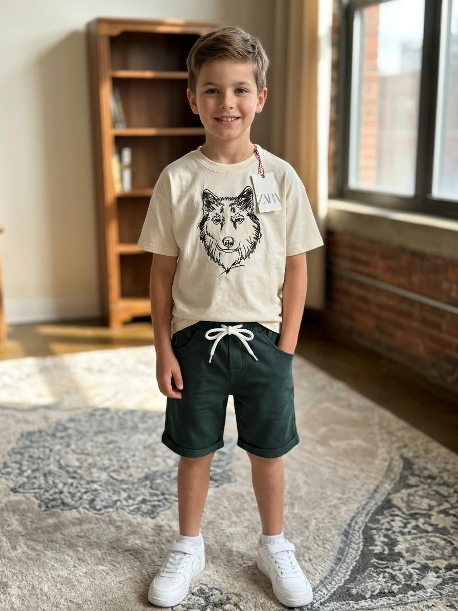 Boys Wolf Graphic T-Shirt & Green Shorts Set