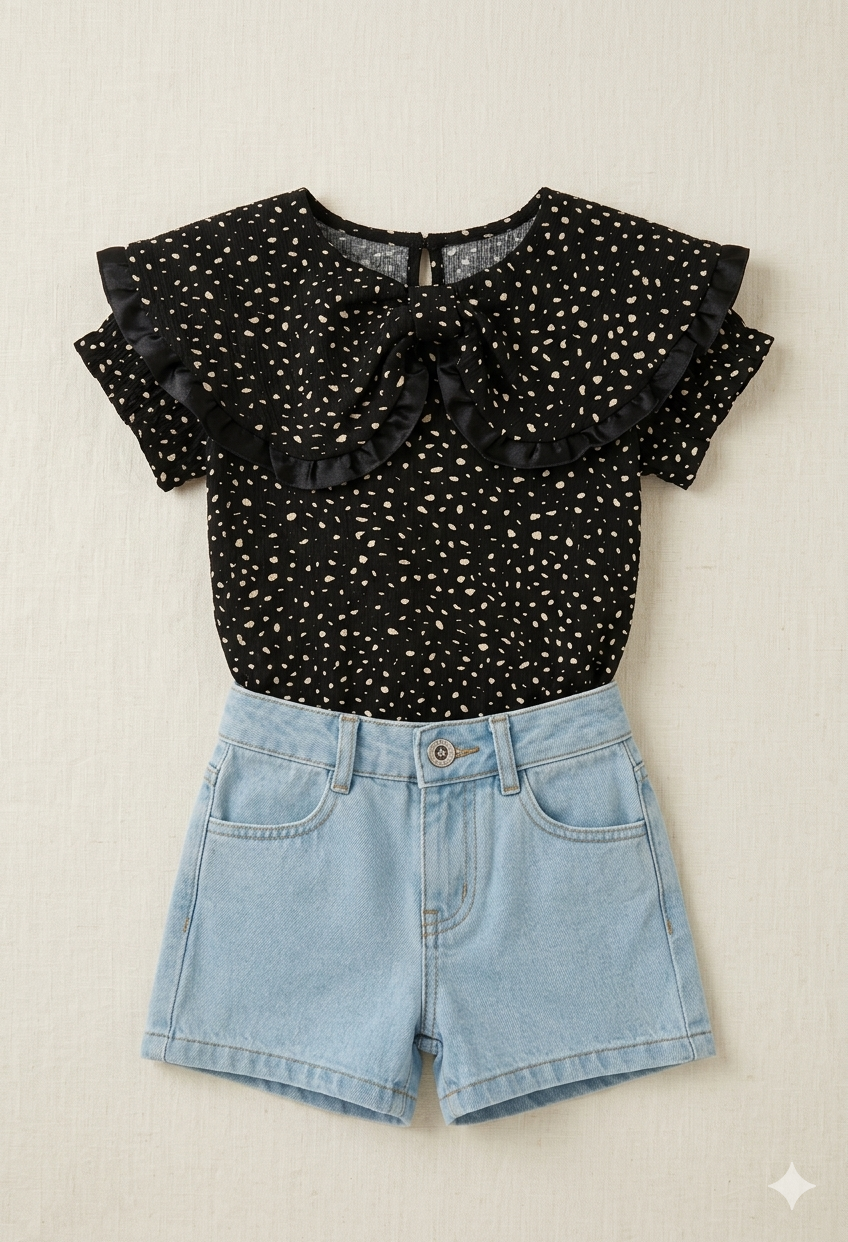 Girls Polka Dot Ruffle Top & Denim Shorts Set