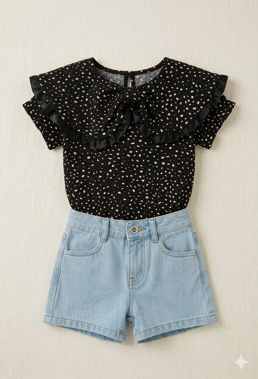 Girls Polka Dot Ruffle Top & Denim Shorts Set