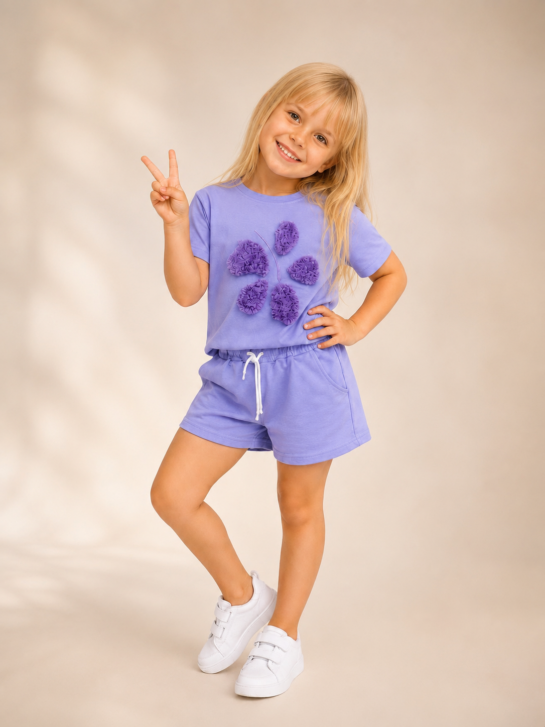 Girls Cotton Floral Shorts Set - purple