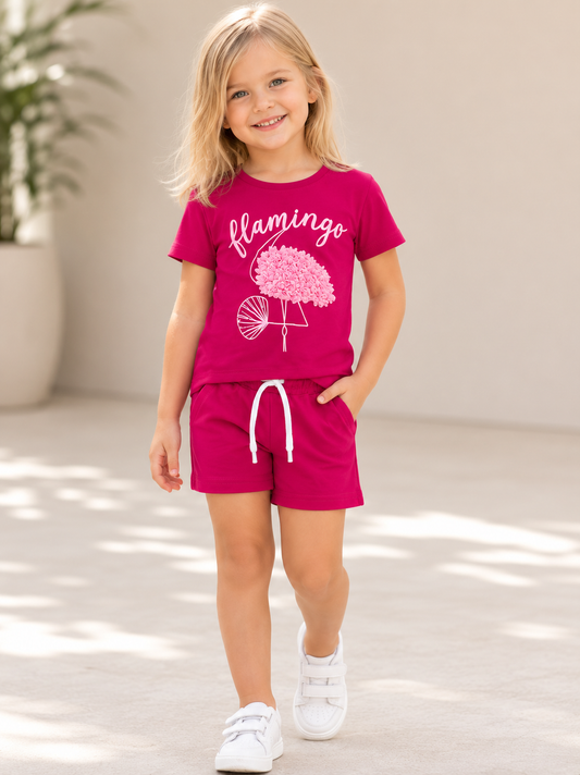 Girls Flamingo Shorts Set - Pink
