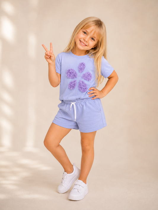 Girls Cotton Floral Shorts Set - purple