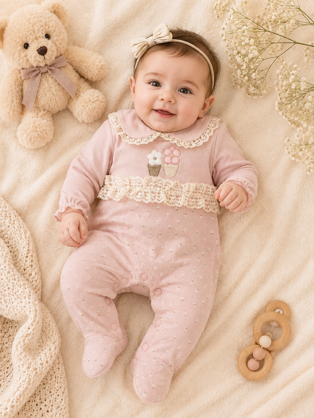 Vintage Meadow Nude Pink - Baby girl Overall