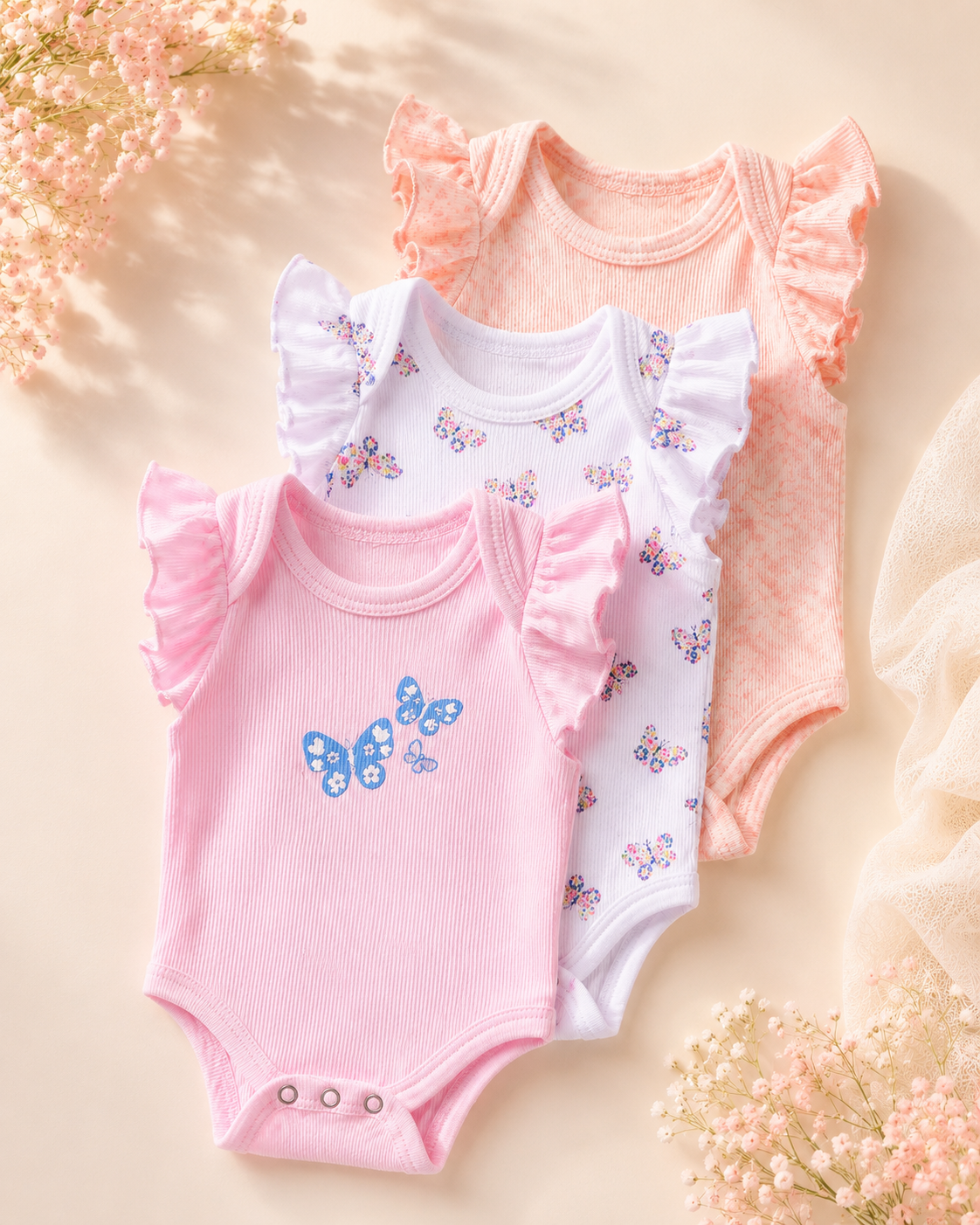 Butterflies Sleeveless Bodysuits- Pack of 3