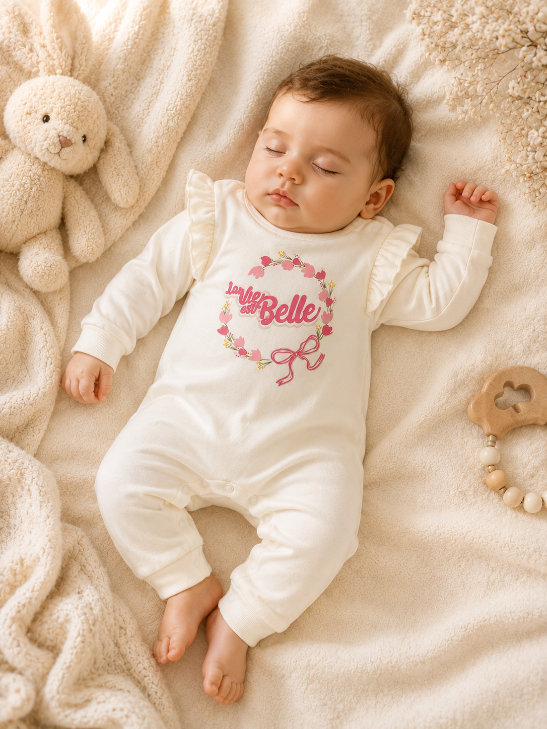 Off white Baby Girl Overall + Hat