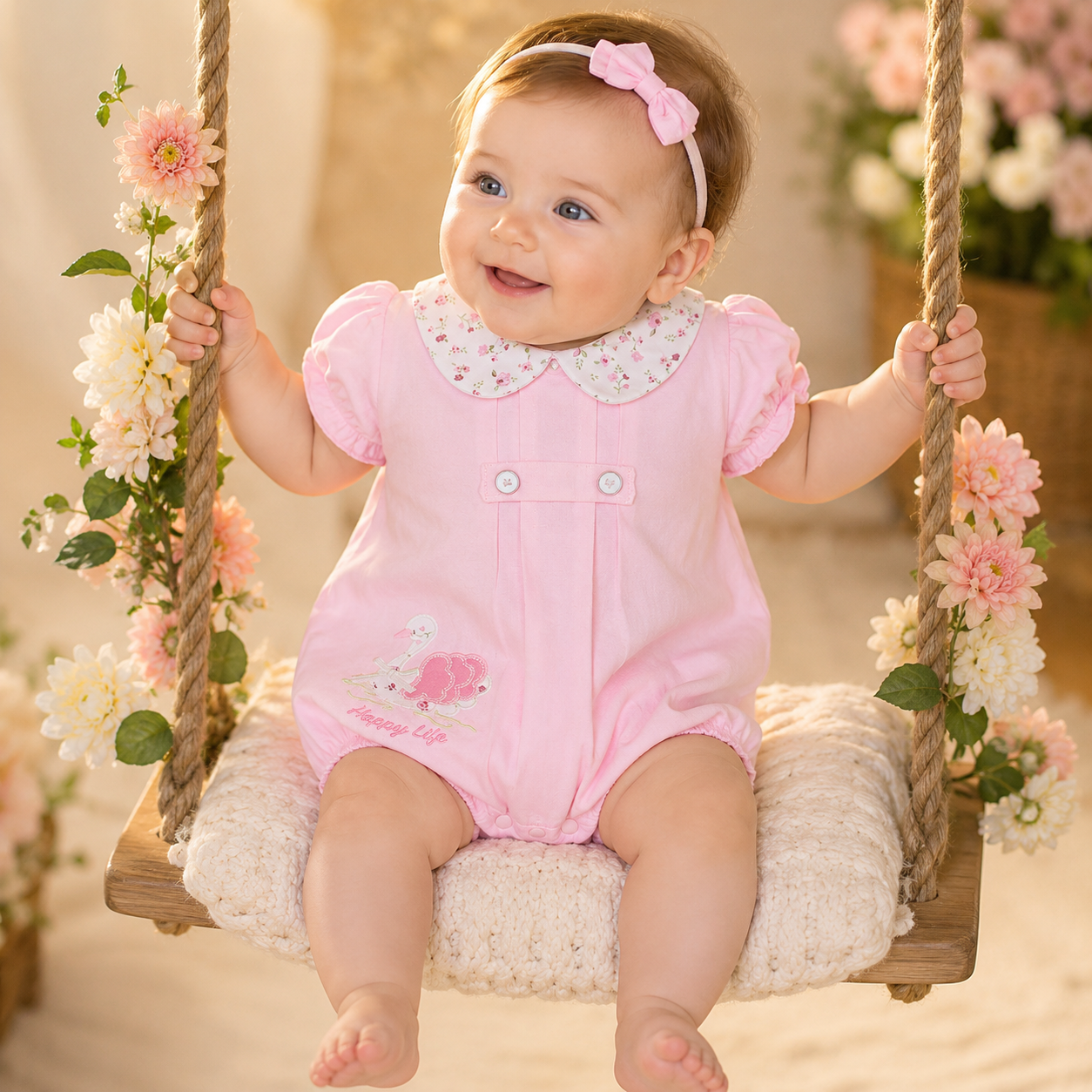 Girls Baby Pink Romper - Swan 🦢