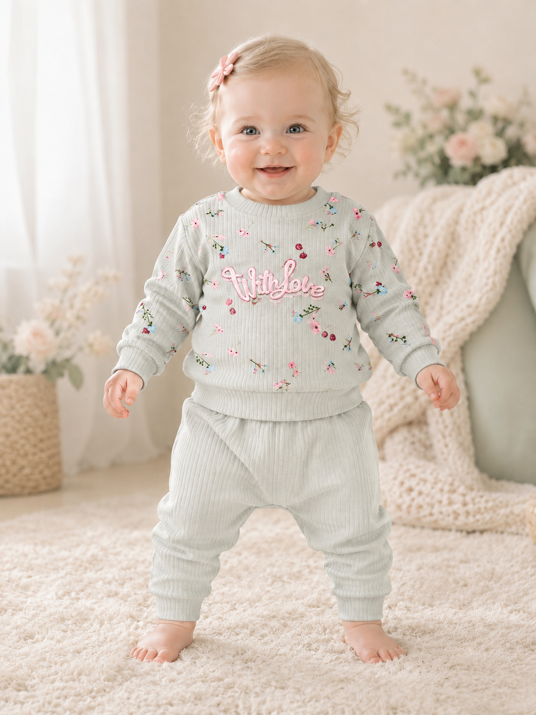 Baby Ribbed Floral Two-Piece | Soft Mint - Girls