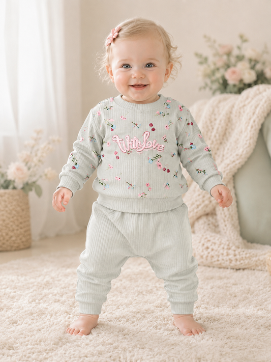 Baby Ribbed Floral Two-Piece | Soft Mint - Girls
