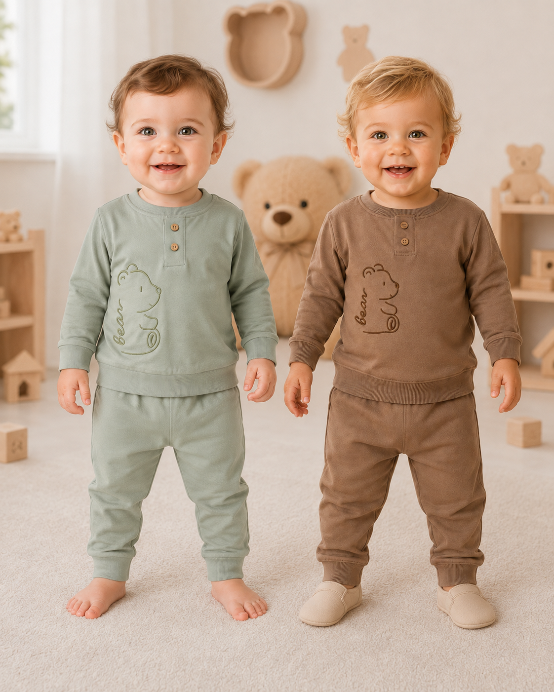 Little Bear Embroidered Baby Set – Sage & Mocha | Boys