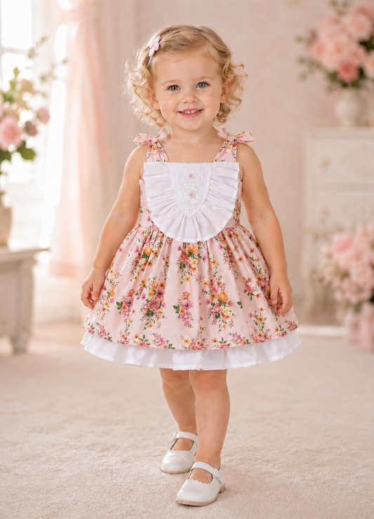 Girls Pink Floral Ruffle Bib Bow Dress