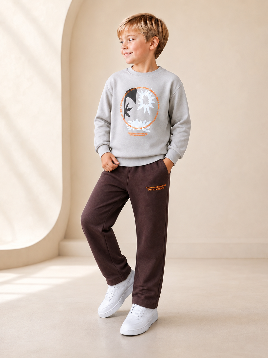 “Slow Growth” Cotton Boys Tracksuit - Brown