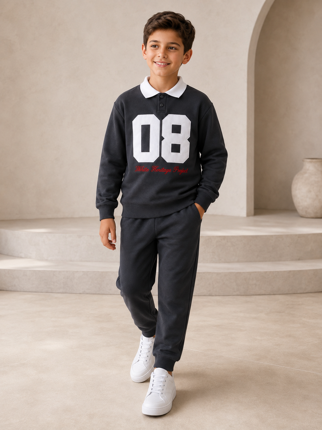 Polo Cotton Boys Tracksuit - Charcoal