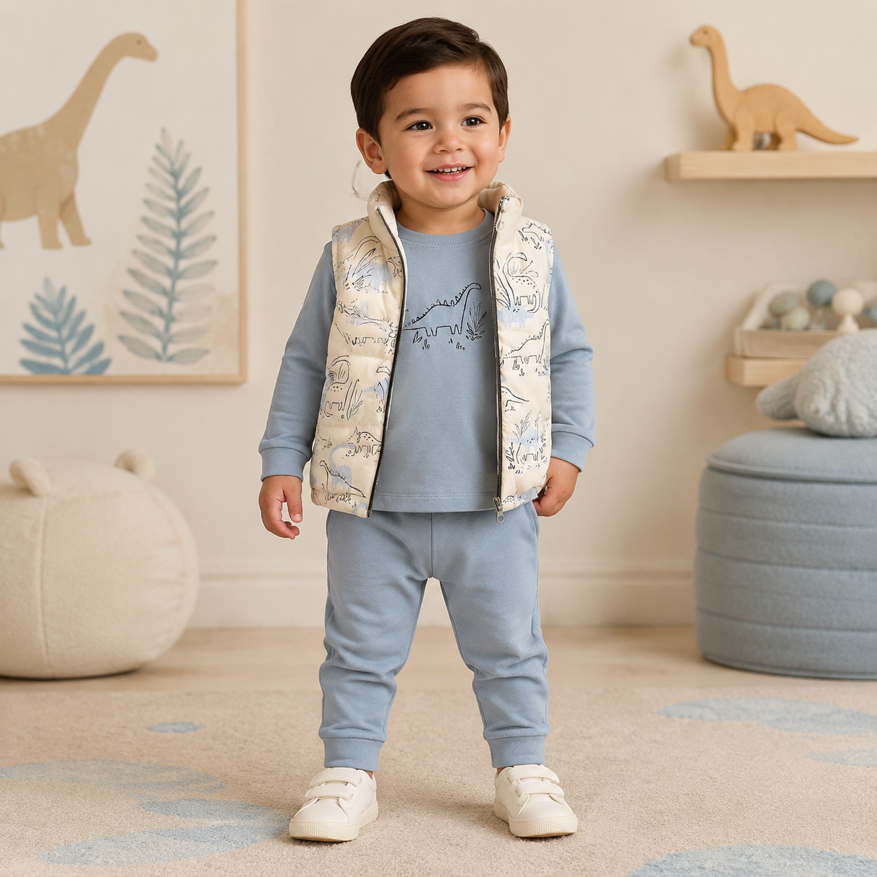Boys Powder Blue Dino Cotton Set + Puffer Vest