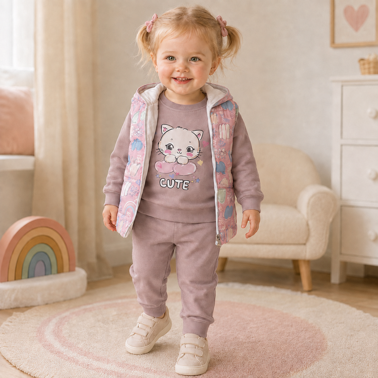 Girls kitten Cotton Set + Puffer Vest