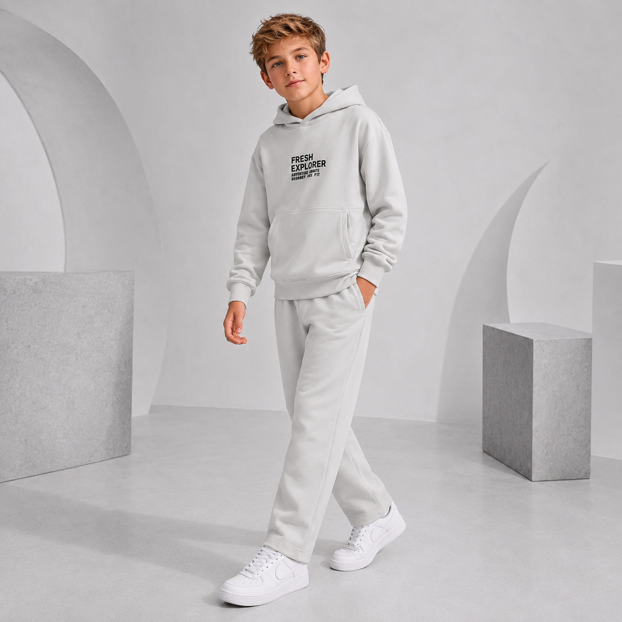 Light Grey Hooded Cotton Boys Tracksuit