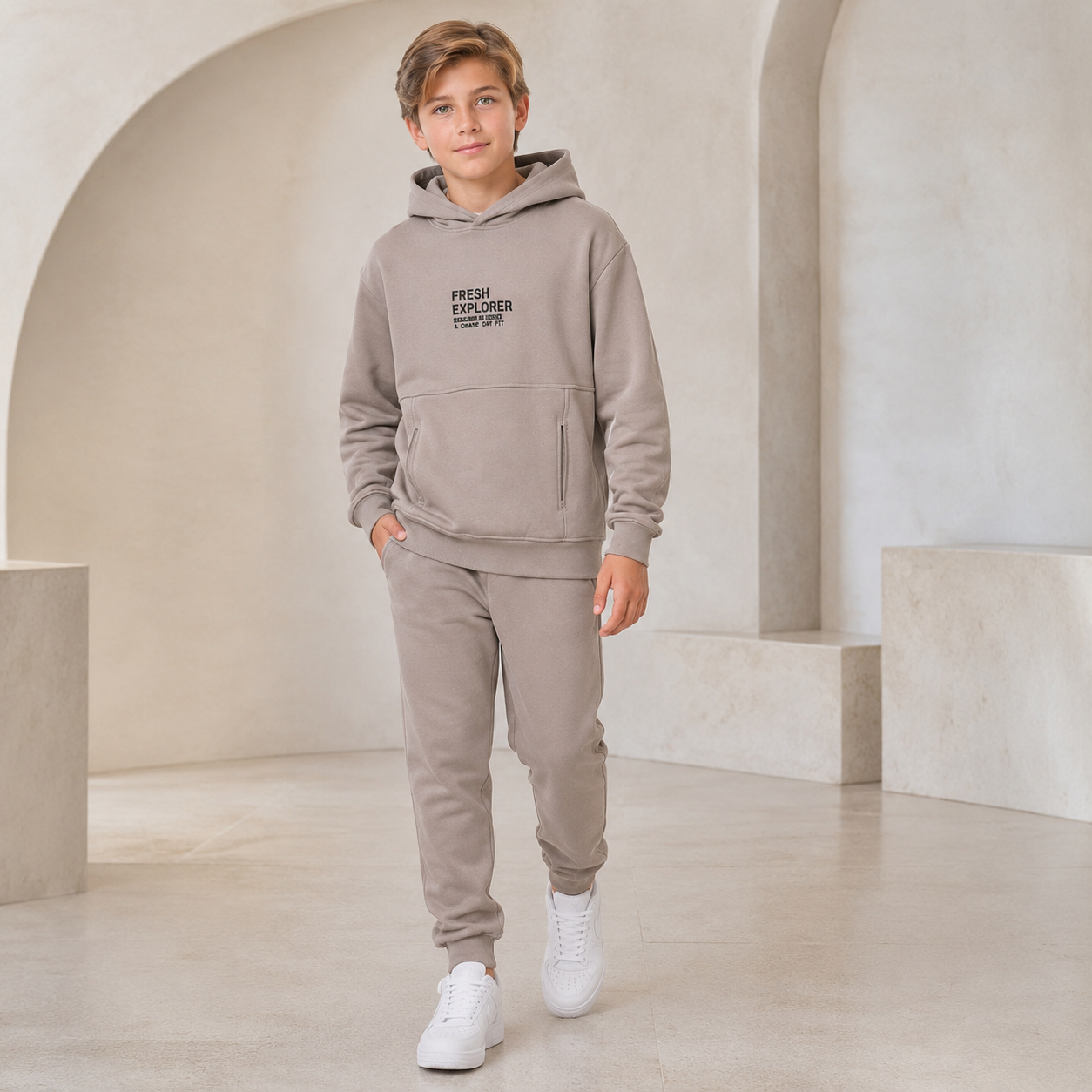 Hooded Taupe/Greige Cotton Boys Tracksuit
