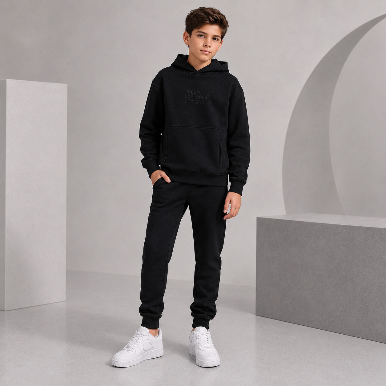 Hooded Black Cotton Boys Tracksuit