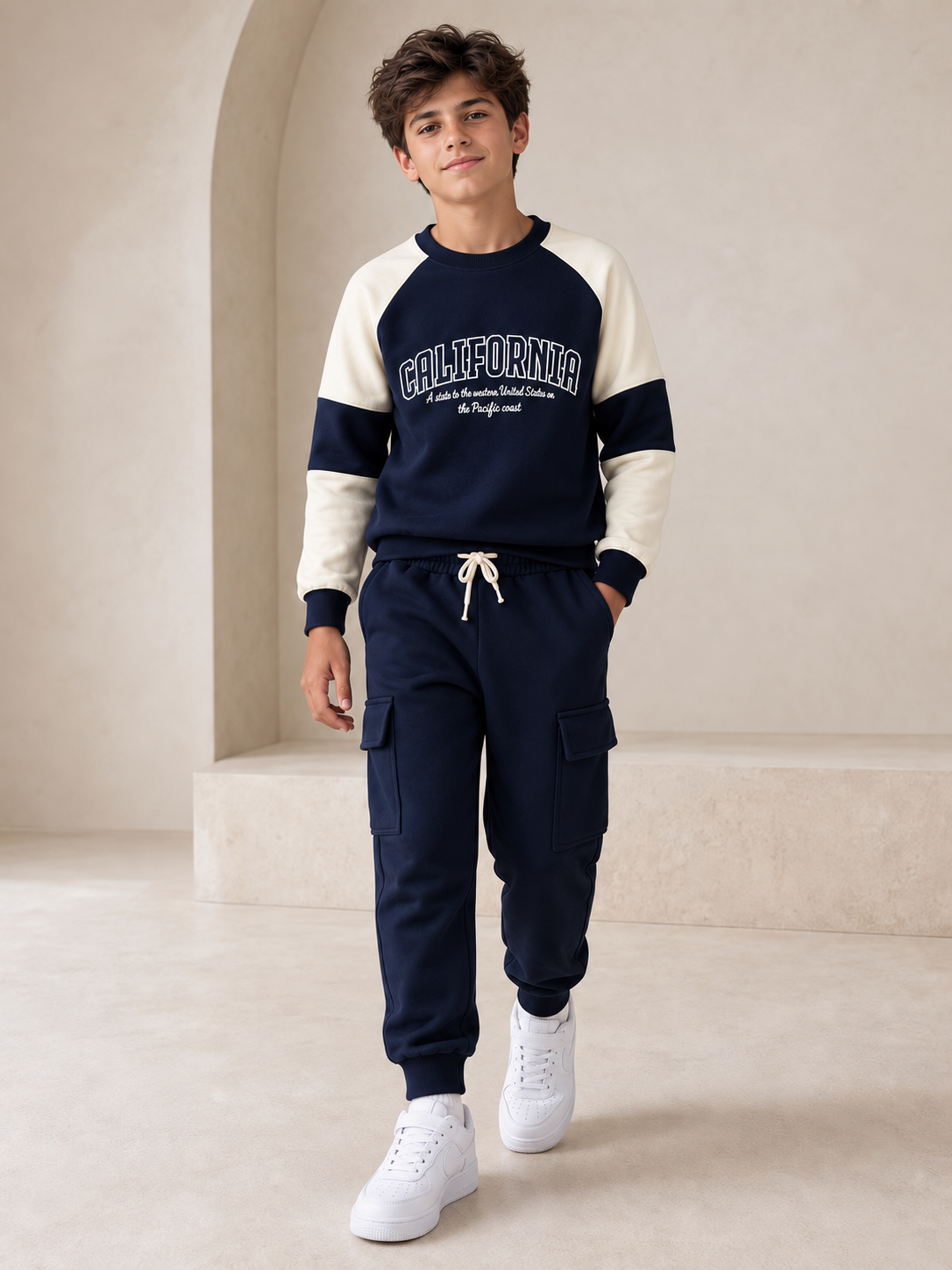“California” Cotton Boys Tracksuit - Navy & Cream