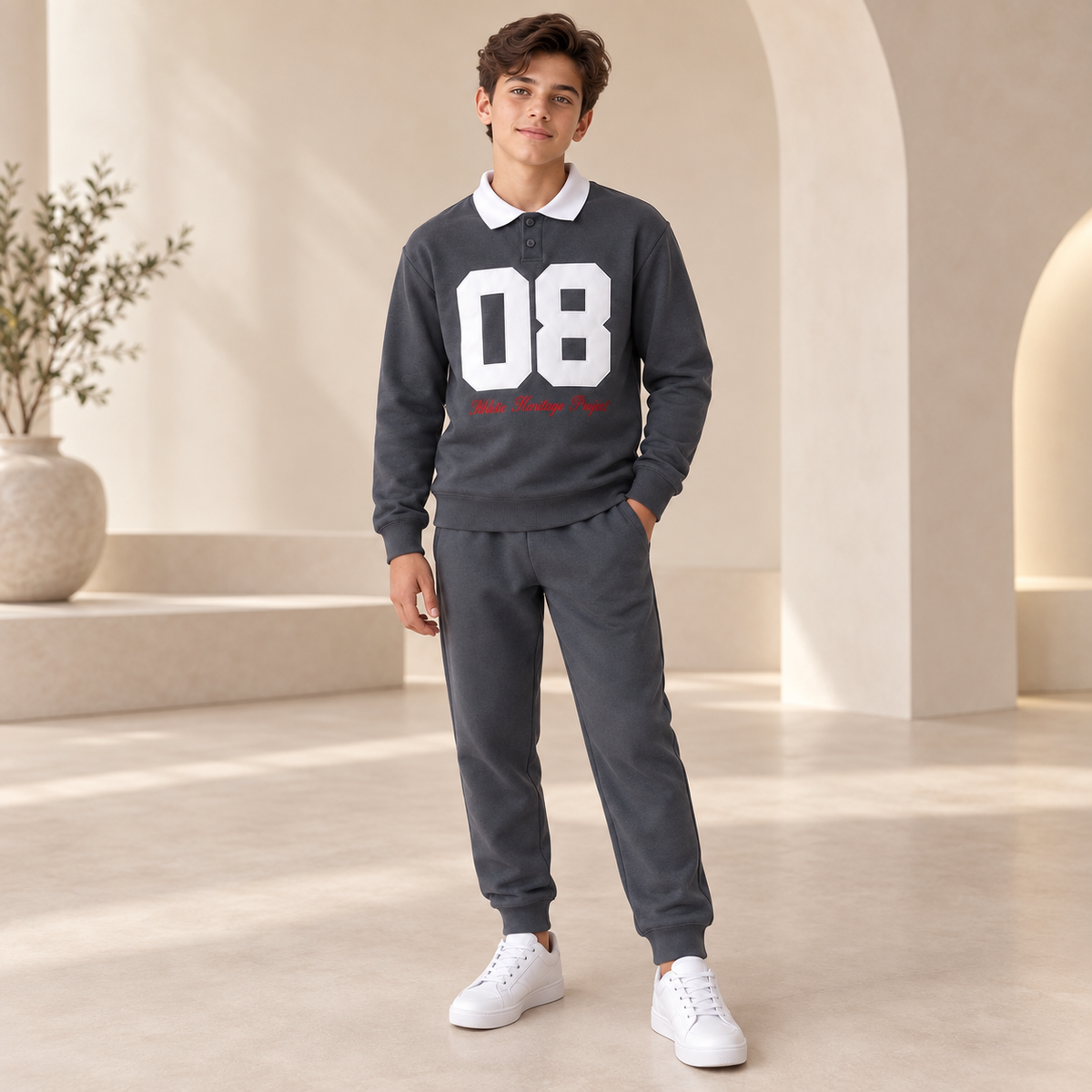 Polo Cotton Boys Tracksuit - Charcoal