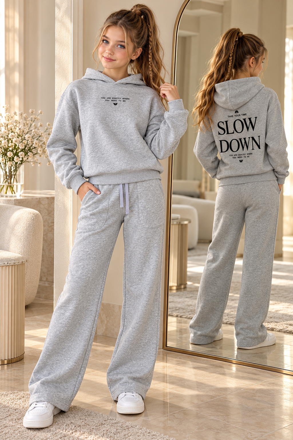“Slow Down ” Girls Fleece Tracksuit - Grey