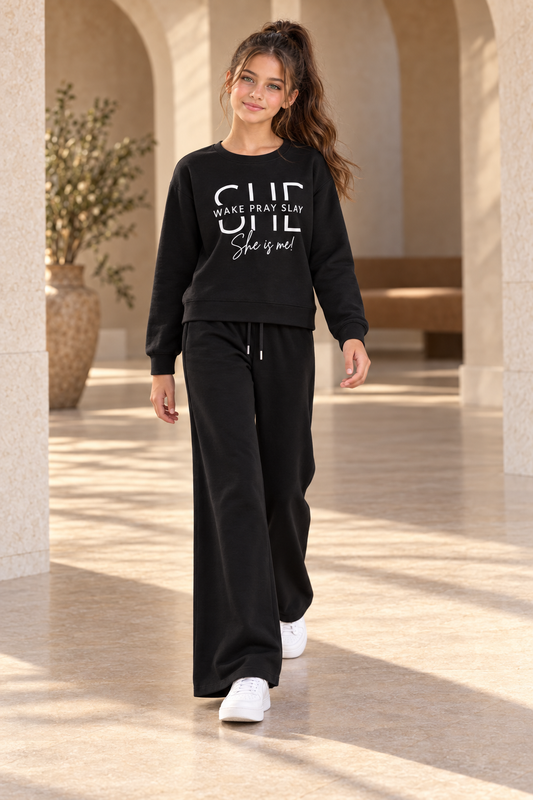 Girls Cotton "Wake, Pray, Slay" Wide-Leg Black Lounge Set