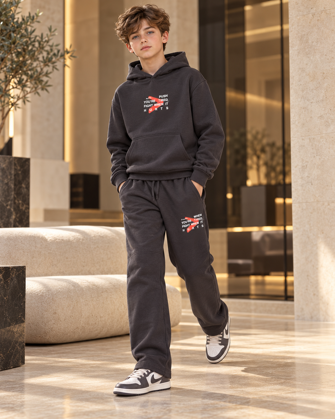 “Motivation” Boys Fleece Charcoal Hooded Set