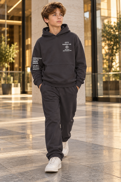 “New Perspective” Boys Fleece Charcoal Hooded Set