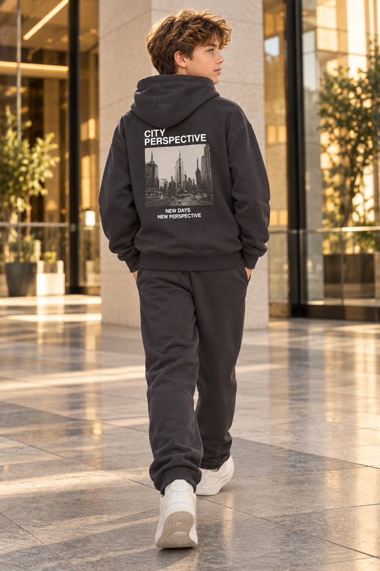 “New Perspective” Boys Fleece Charcoal Hooded Set