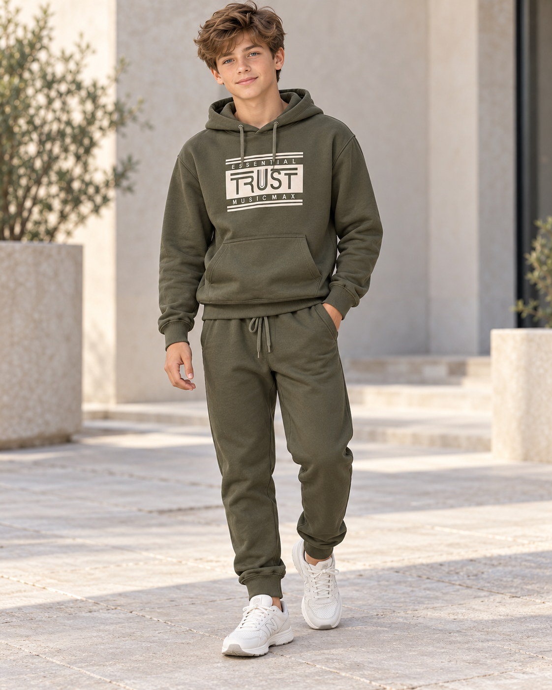 “Essential Trust” Boys Olive Fleece Hooded Set