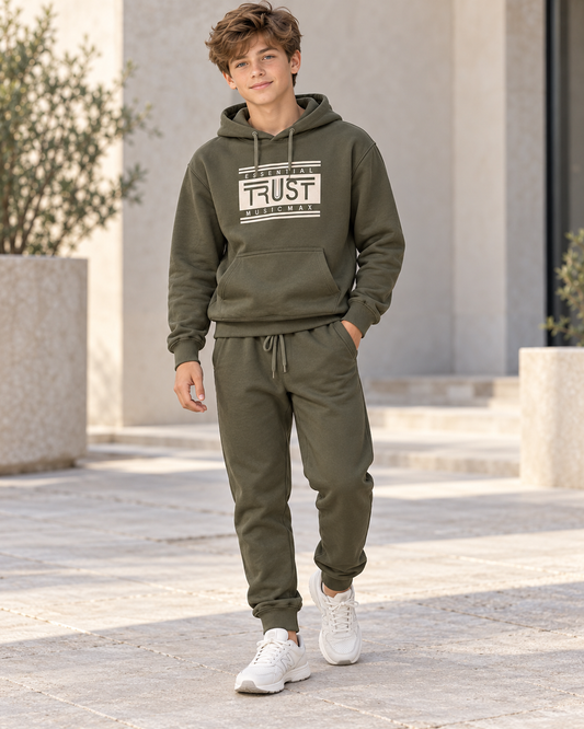 “Essential Trust” Boys Olive Fleece Hooded Set