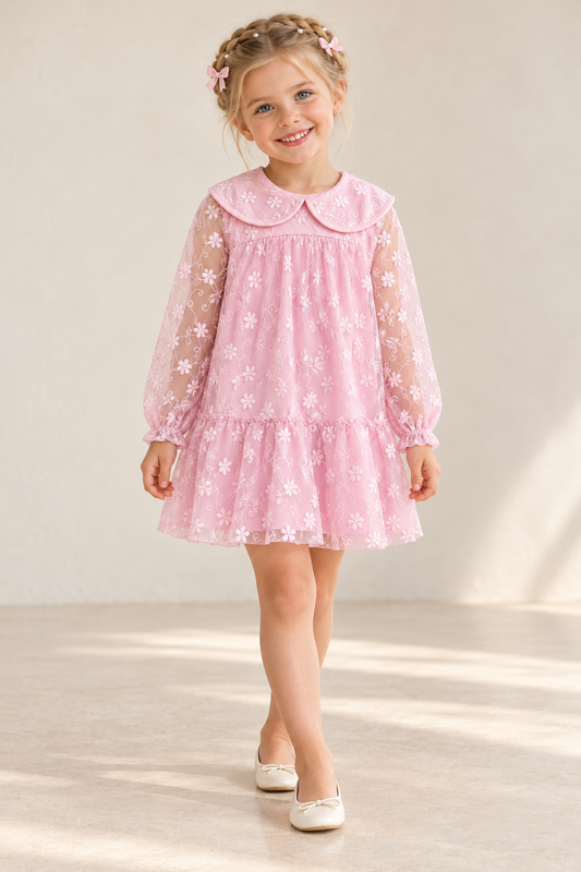 Charming Pink Floral Lace Long Sleeve Dress