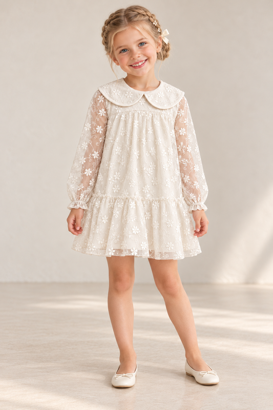 Charming Pearl Floral Lace Long Sleeve Dress