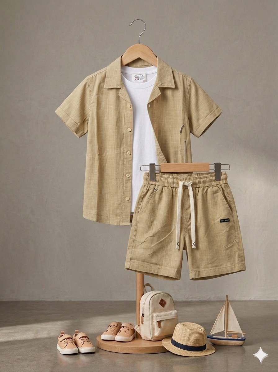 Boys Cotton Beige Camp Set - 3 Pieces