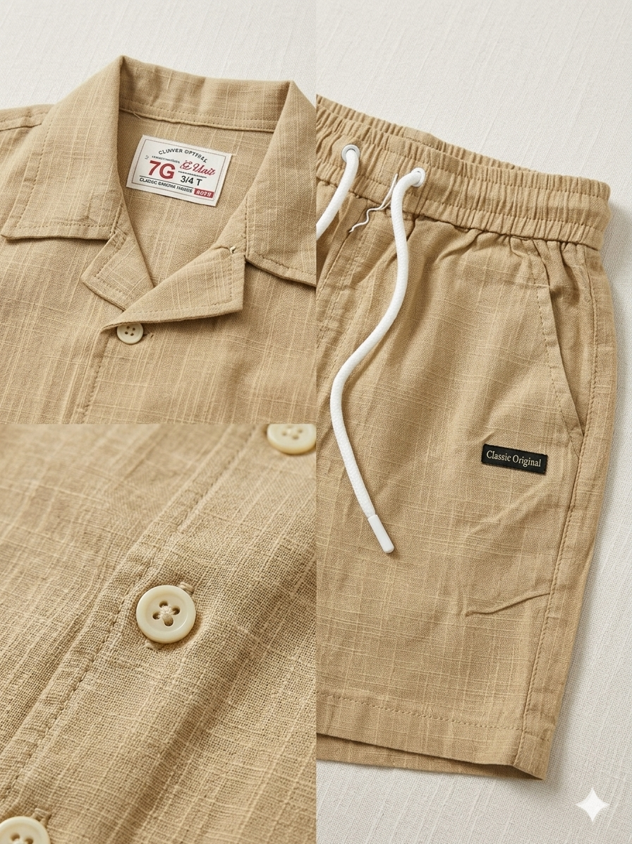 Boys Cotton Beige Camp Set - 3 Pieces