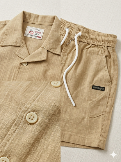 Boys Cotton Beige Camp Set - 3 Pieces
