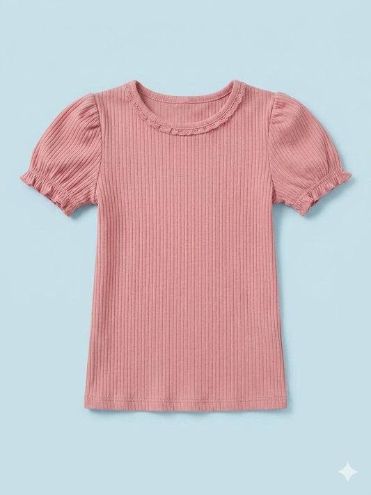 Pink Ribbed Puff Sleeve Top l Cotton