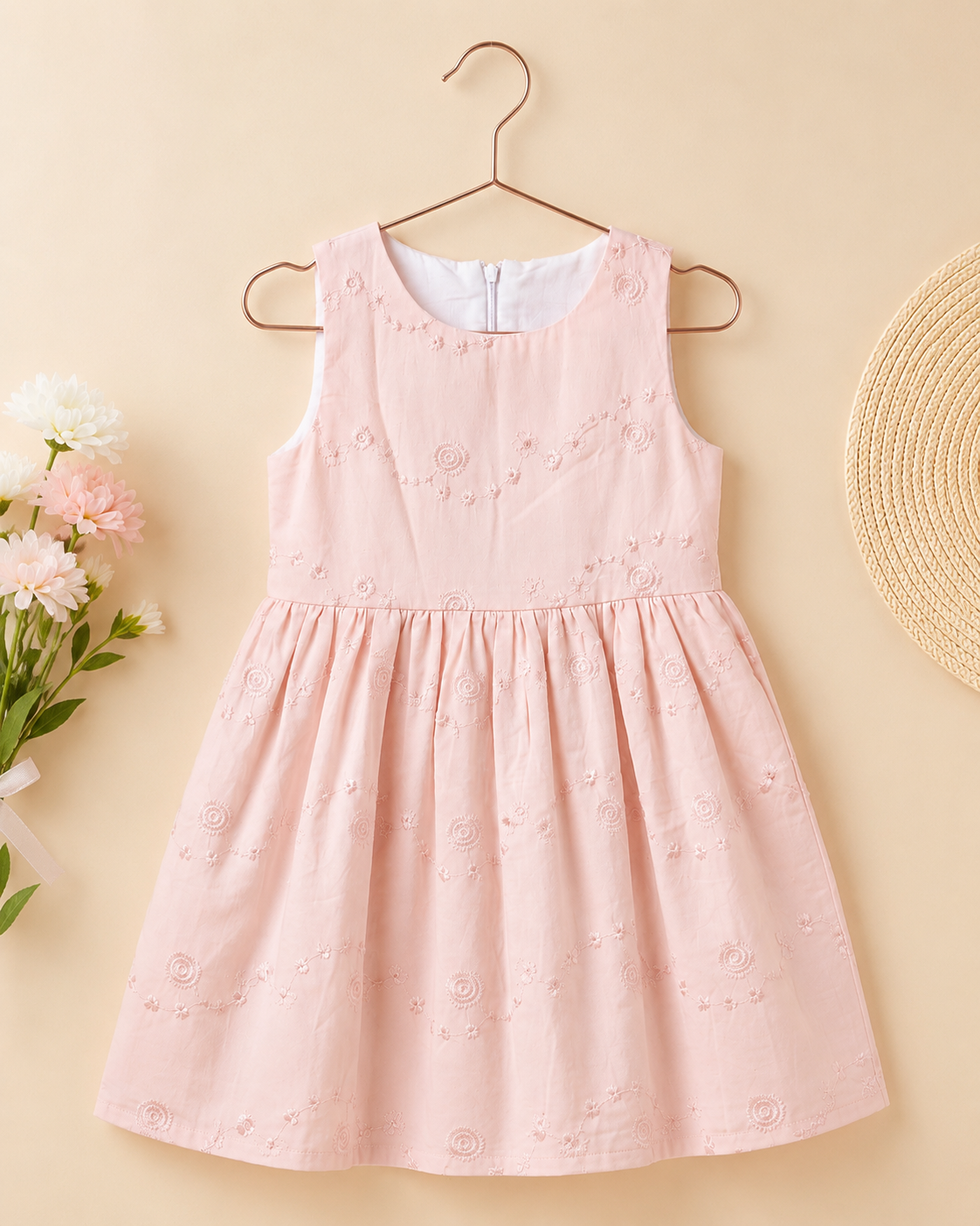 Girls Pink Embroidered Rose Bow-Back Dress