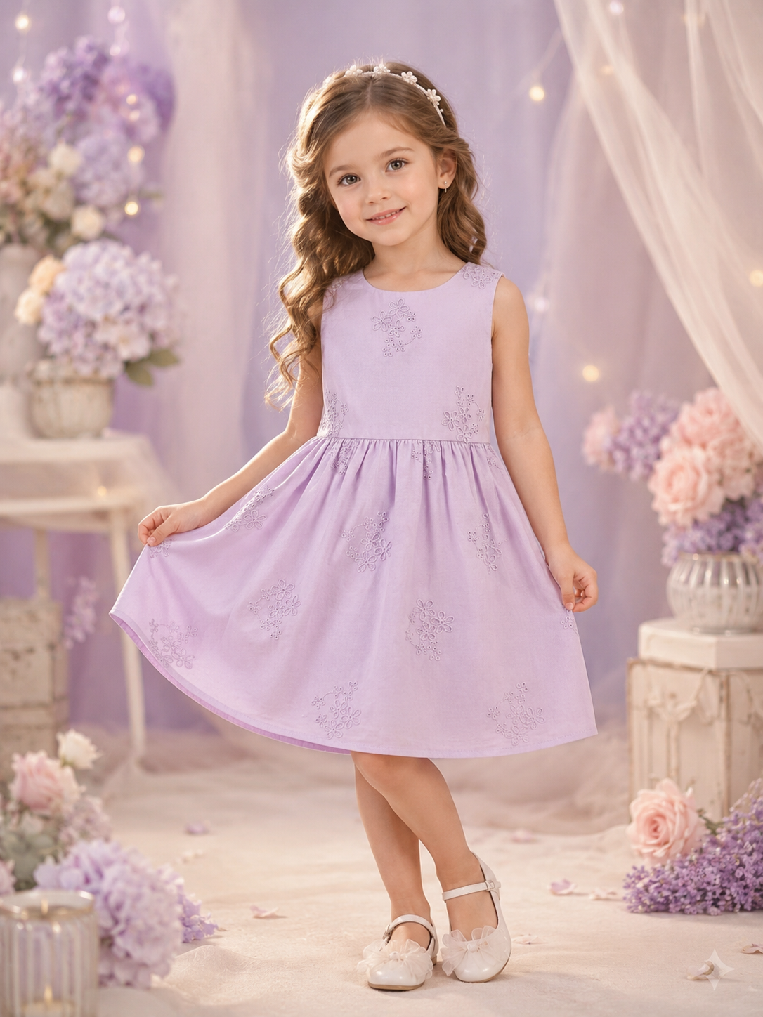 Lilac Lavender Embroidered Bow Dress